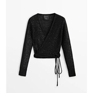 Massimo Dutti Studio Black Sequin Wrap Knit Cardigan Sweater‎ Studio Collection
